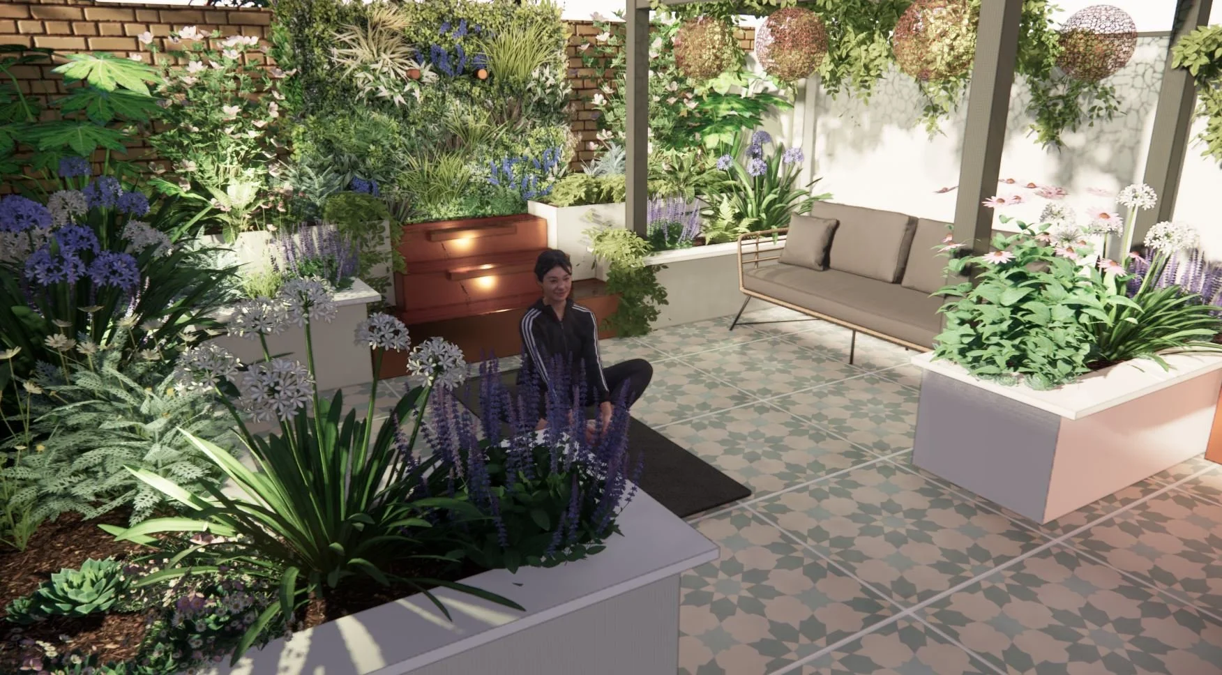 Camden courtyard garden render with seating