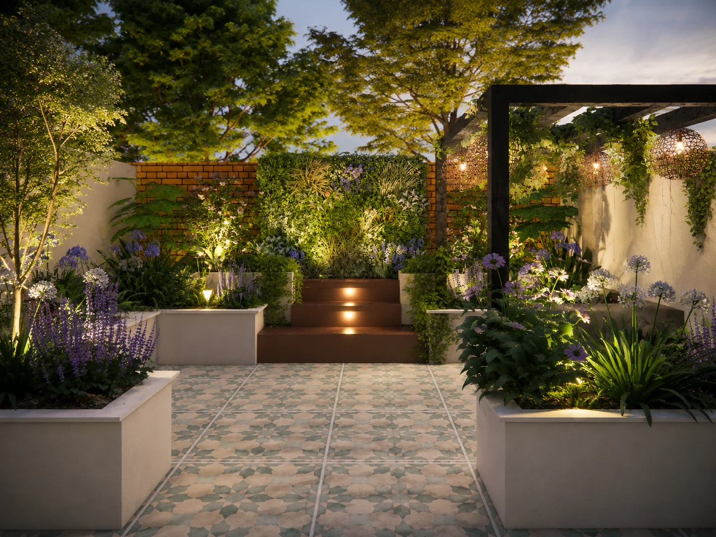 Twilight 3D design render of the completed north-facing Camden courtyard