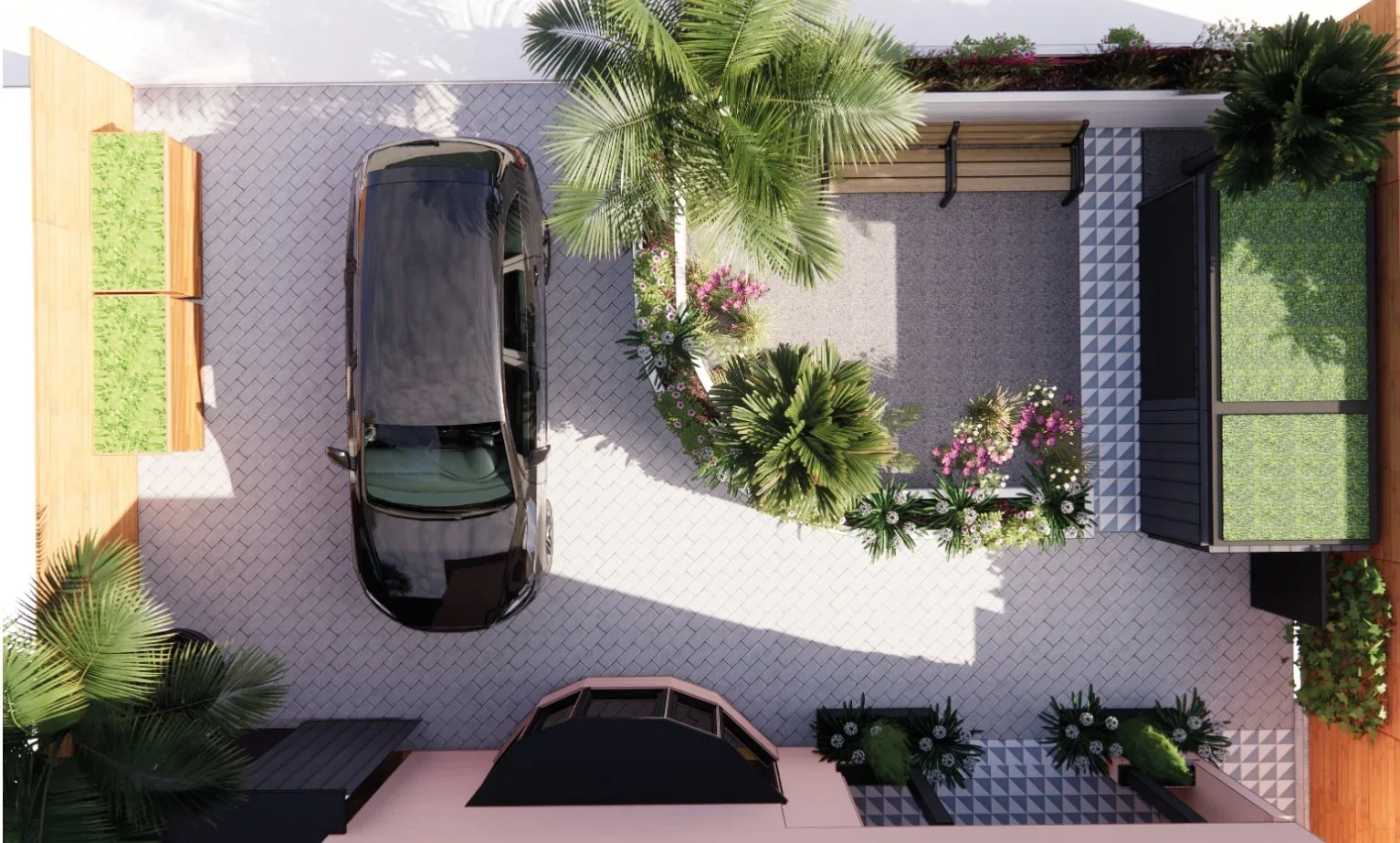 Top-down design visual for an Ibiza inspired front garden