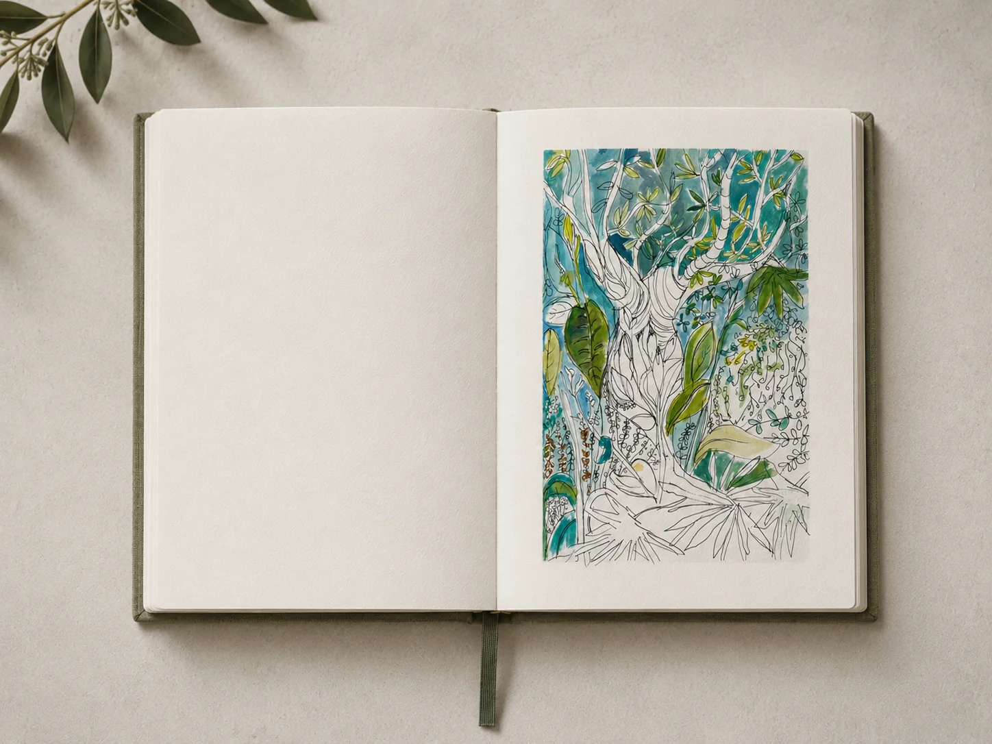 Open sketchbook with a vertical botanical watercolour study on the right-hand page
