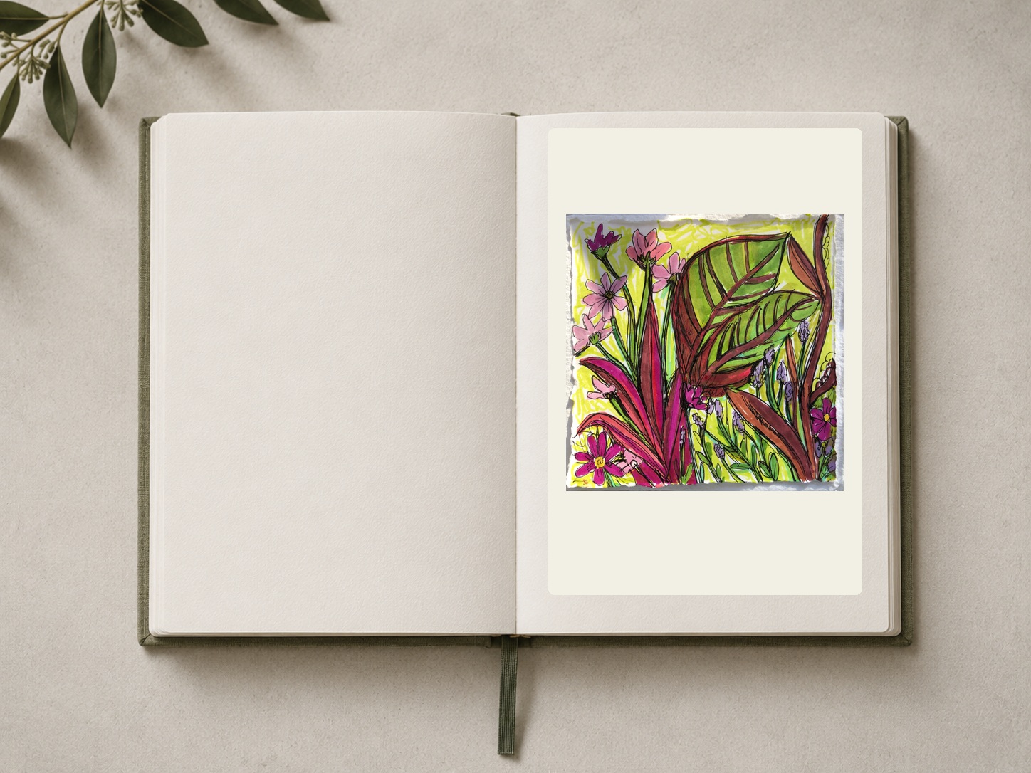 Open sketchbook containing a pink botanical study
